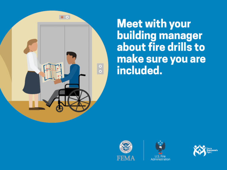 Illustration of a woman showing a fire escape plan to a man in a wheelchair by an elevator, with text encouraging residents to talk with building managers about being included in fire drills. Logos of FEMA and U.S. Fire Administration are at the bottom.