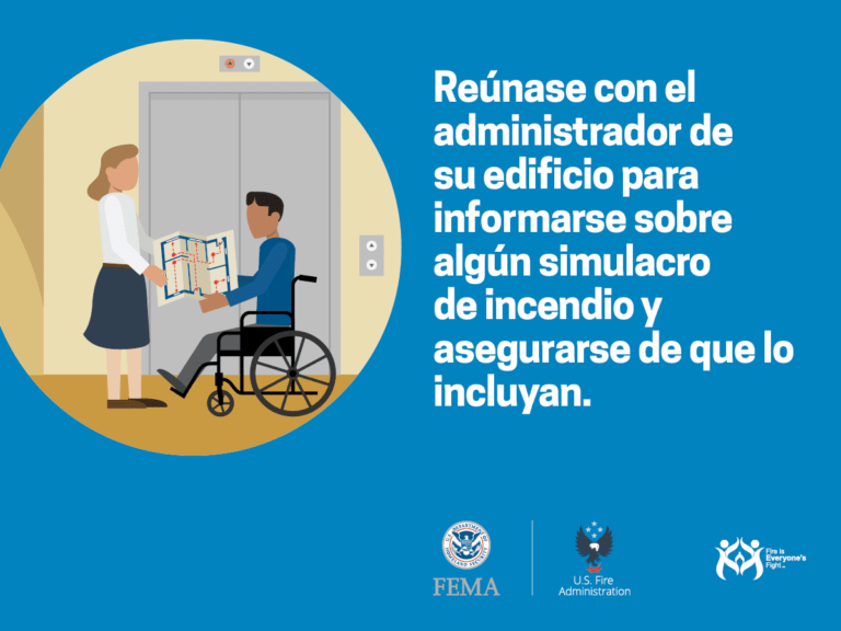 Illustration of a man in a wheelchair talking to a building administrator holding a fire evacuation diagram, with Spanish text advising residents to ask about fire drills and ensure they are included. FEMA and U.S. Fire Administration logos shown.