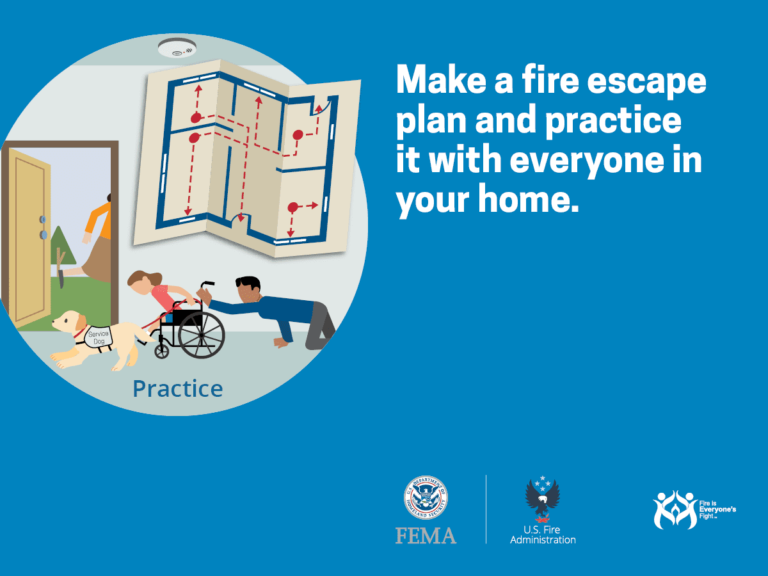 Illustration showing a fire escape plan on a wall and a person in a wheelchair with a guide dog practicing an escape route, accompanied by another person. Text reads: "Make a fire escape plan and practice it with everyone in your home.
