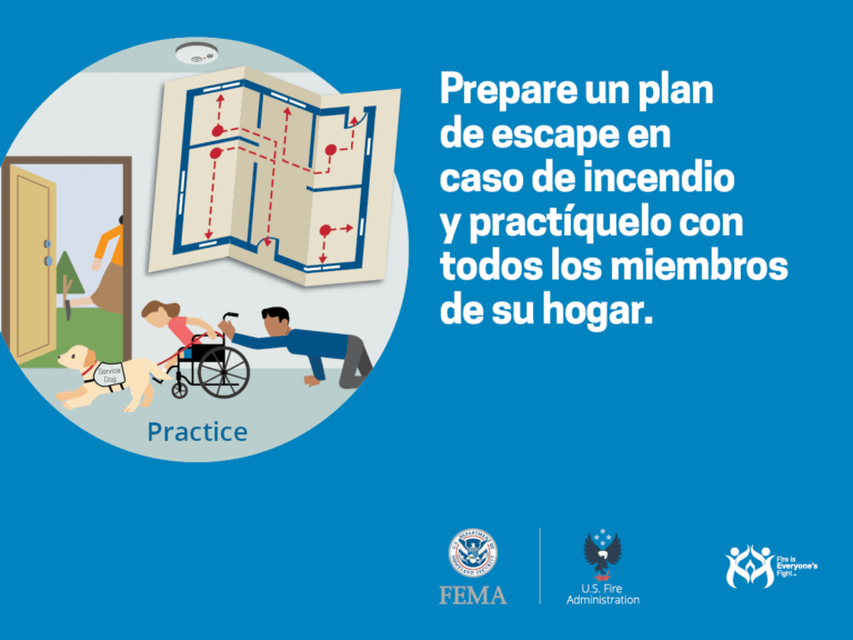 Illustration shows a family practicing a fire escape plan, including a person in a wheelchair and a guide dog, with a floor plan on the wall. Text in Spanish urges families to prepare and practice a fire escape plan. FEMA and US Fire Administration logos.