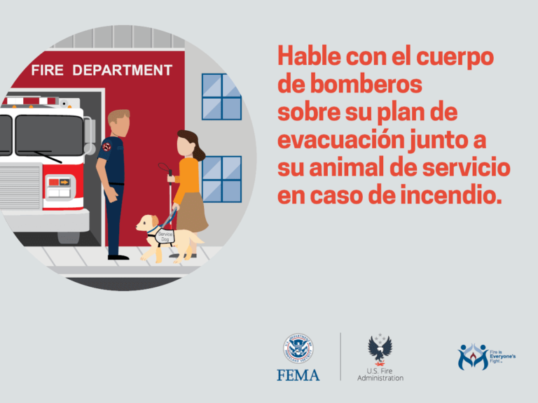 An illustrated firefighter talks to a woman with a service dog outside a fire department. Spanish text advises discussing fire evacuation plans with firefighters for you and your service animal. FEMA and Fire Administration logos shown.