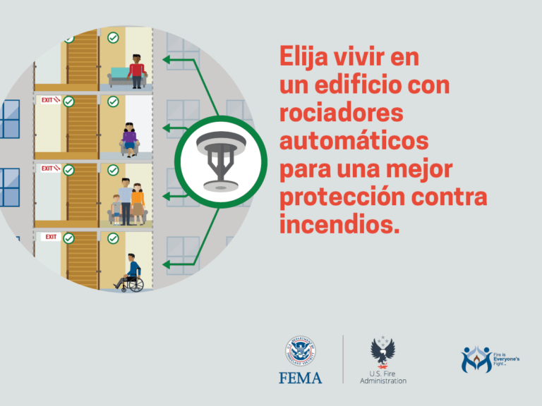Illustration showing people safely evacuating a building with fire sprinklers. Text in Spanish encourages choosing buildings with automatic sprinklers for better fire protection. FEMA and U.S. Fire Administration logos are at the bottom.