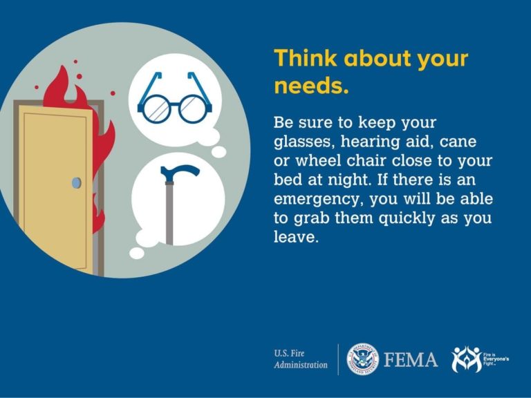Illustration with a burning door, eyeglasses, hearing aid, and cane, urging people to keep essential items close to their bed for emergencies. Logos for U.S. Fire Administration, FEMA, and a third organization appear at the bottom.
